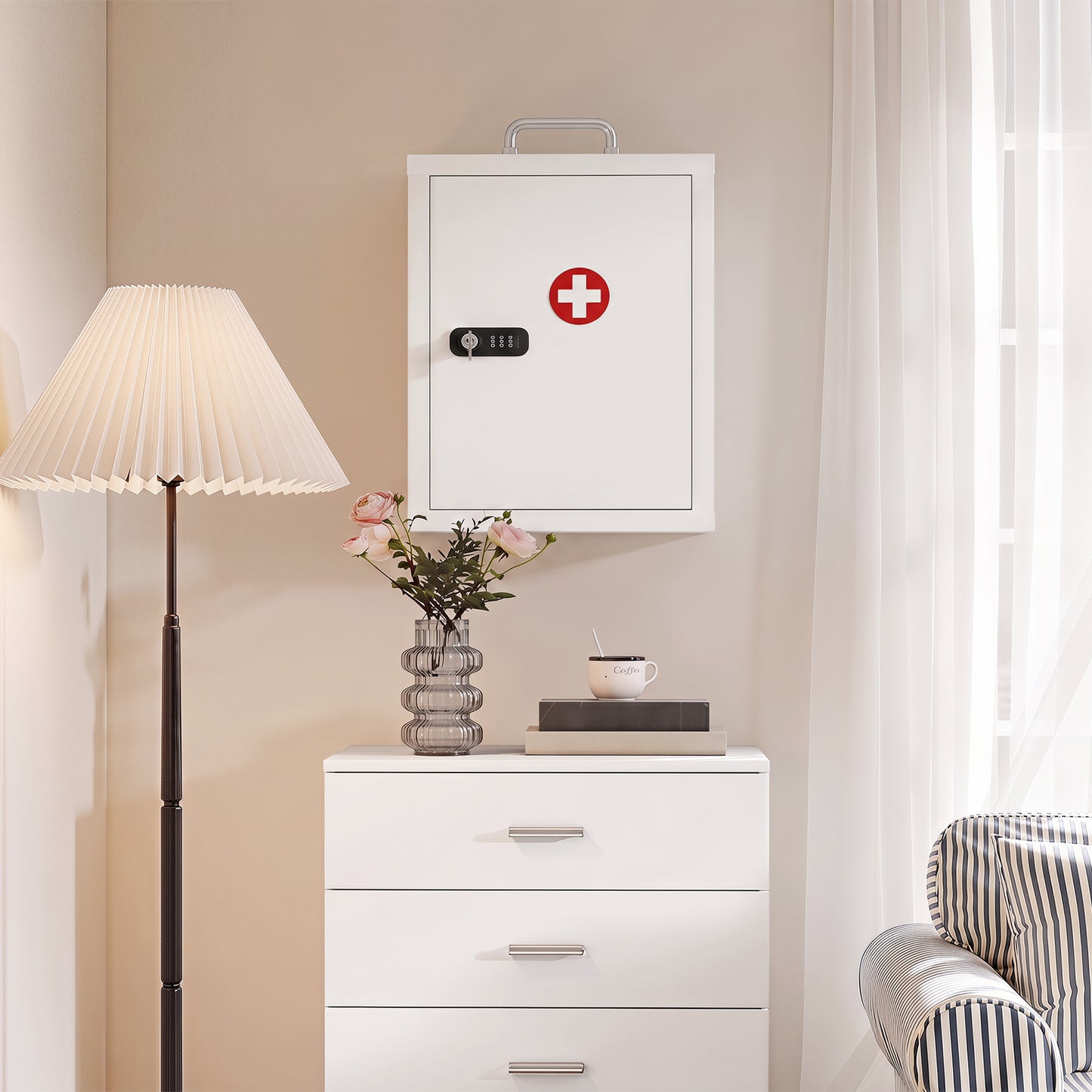HOMCOM Wall Mount Medicine Cabinet with Combination and Key Lock, 3 Tier Steel First Aid Cabinet, White