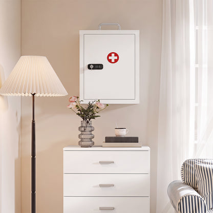 HOMCOM Wall Mount Medicine Cabinet with Combination and Key Lock, 3 Tier Steel First Aid Cabinet, White