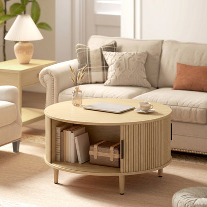 HOMCOM Coffee Table with Lift Top and Hidden Storage, Round Centre Table with Fluted Sliding Door, 80 cm, Natural Wood