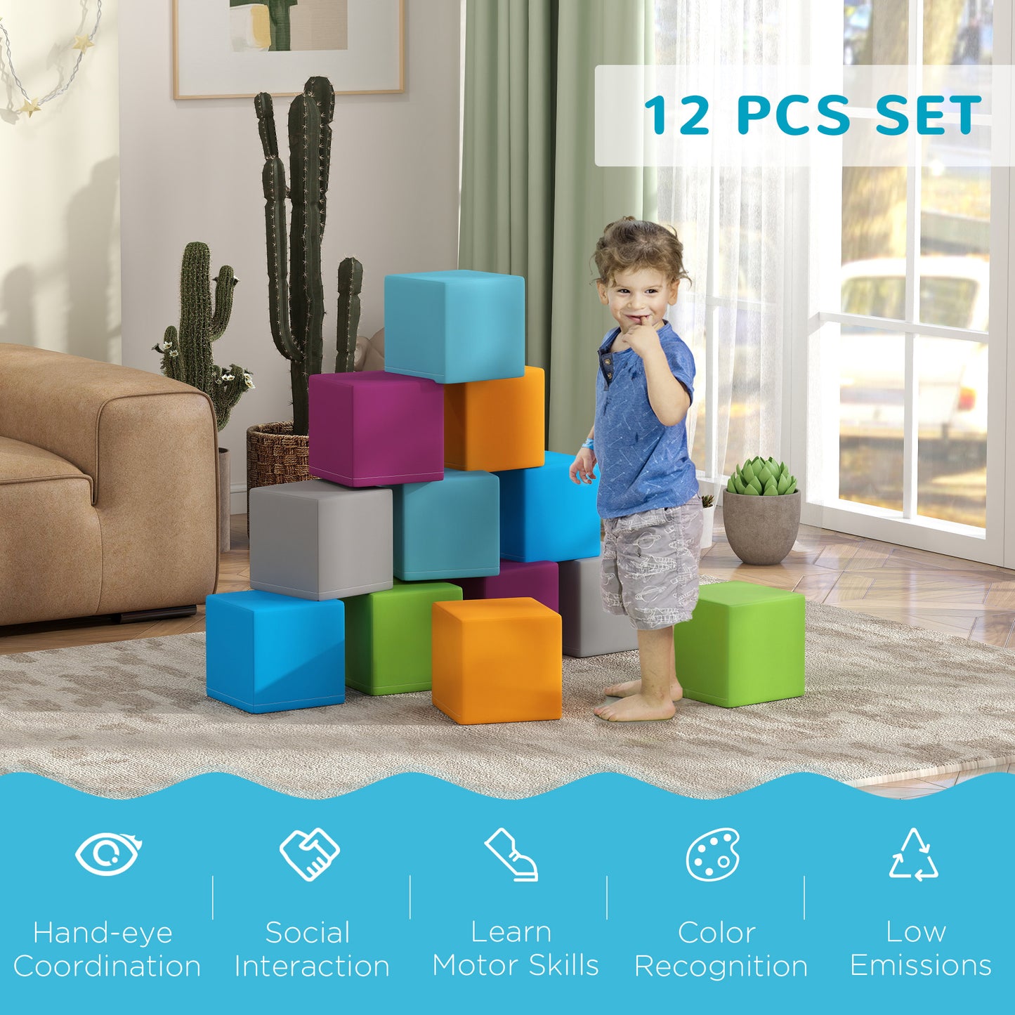 HOMCOM 12 PCs Soft Play Blocks, Soft Foam Toy, Building and Stacking Blocks for Kids, Grey