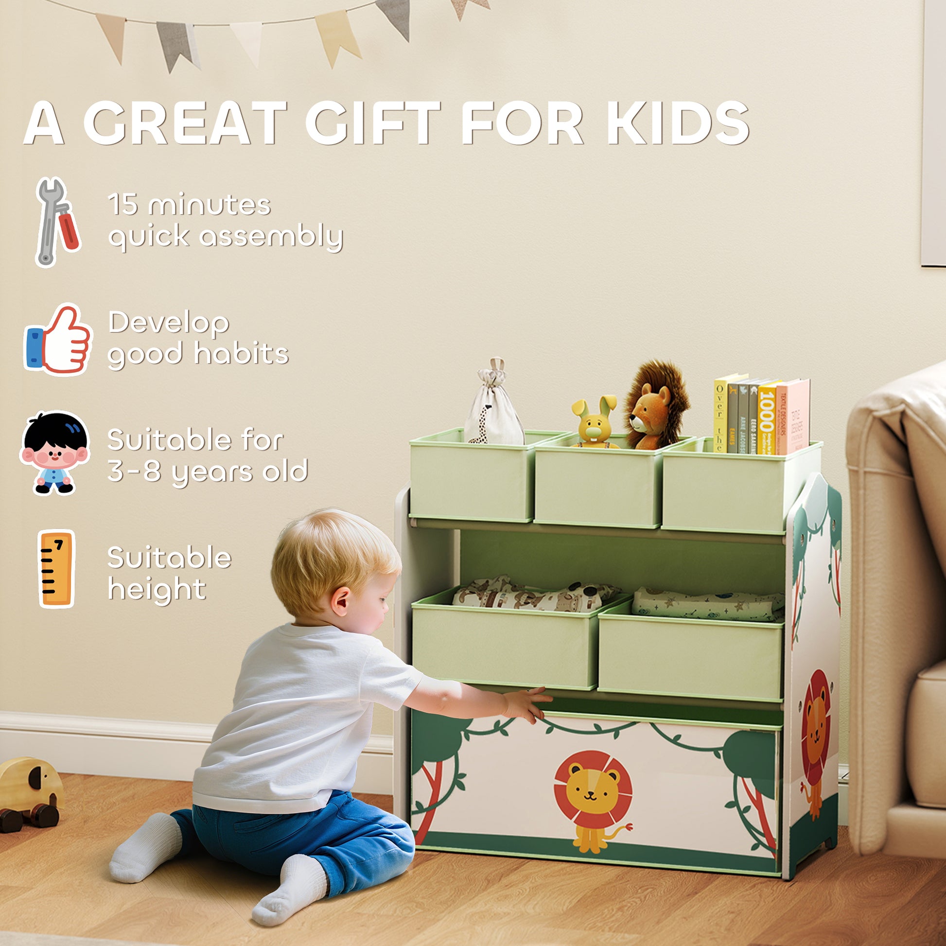 AIYAPLAY Kids Toy Storage Units, 3-Tier Toy Organiser Shelf with 6 Removable Boxes for Kids, Bedroom, Playroom, Green--ChewyGames-ChewyGames