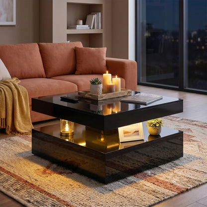 HOMCOM LED Coffee Table with Storage, 2-Tier Modern Centre Table with Open Shelf and Remote for Living Room, High Gloss Black