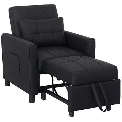 HOMCOM 3-In-1 Linen-Look Single Chair Bed with 11cm Thick Adjustable Back & Eucalyptus Wood Sofa Frame - Black