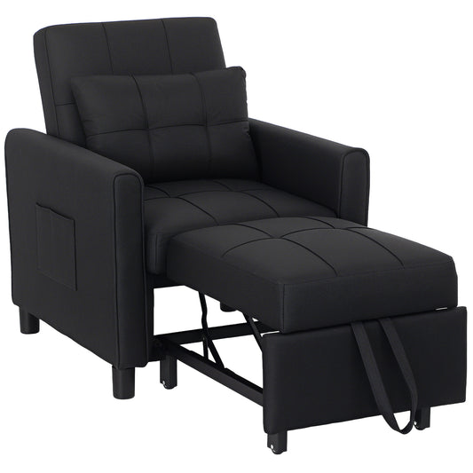 HOMCOM 3-In-1 Linen-Look Single Chair Bed with 11cm Thick Adjustable Back & Eucalyptus Wood Sofa Frame - Black