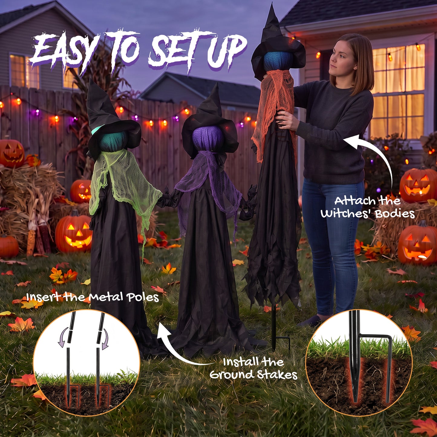 HOMCOM 120cm Witches Holding Hands Halloween Decorations Outdoor Indoor, Scary Halloween Witch Decor with Light-Up Heads