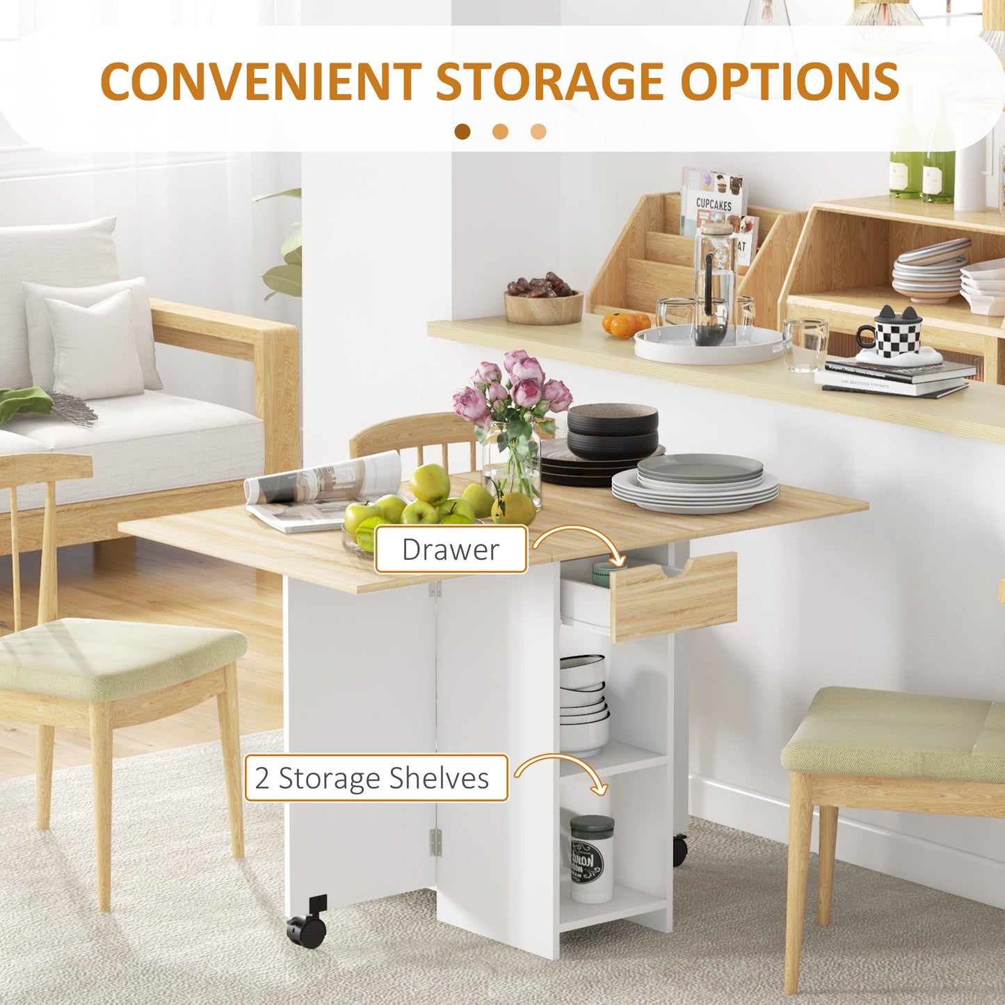 HOMCOM Folding Dining Table, Drop Leaf Table for Small Spaces, Foldable Table with Drawer and Storage Shelves for Kitchen, Dining Room, Oak--ChewyGames-ChewyGames