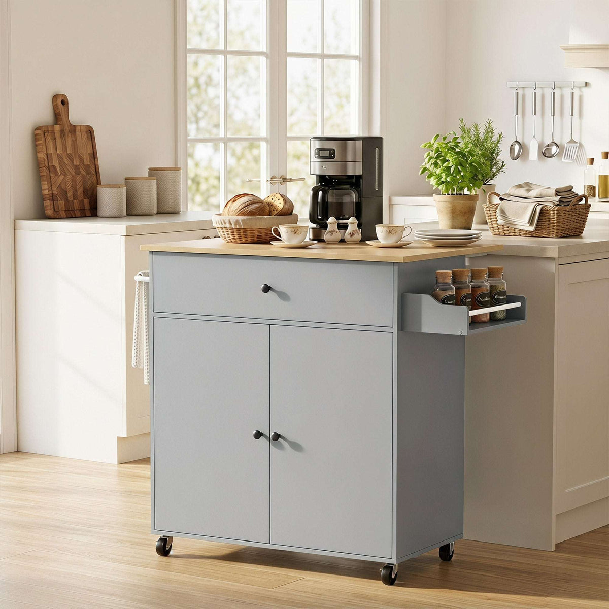 HOMCOM Kitchen Island with Drop Leaf, Rolling Kitchen Storage Trolley on Wheels with Drawer, Spice Rack and Towel Rack, Grey