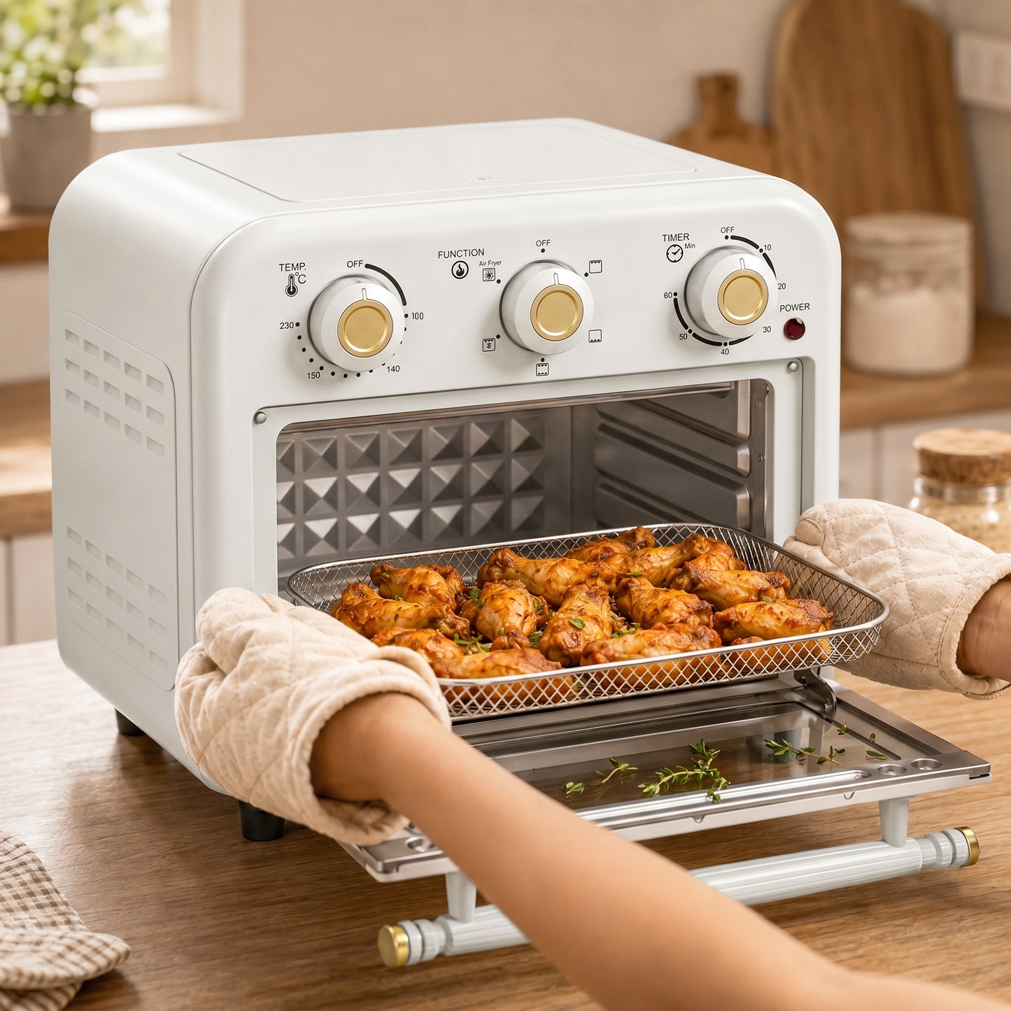 HOMCOM Air Fryer Toaster Oven, Convection Countertop Oven, with Adjustable Temperature and Timer, 12 L, Cream White