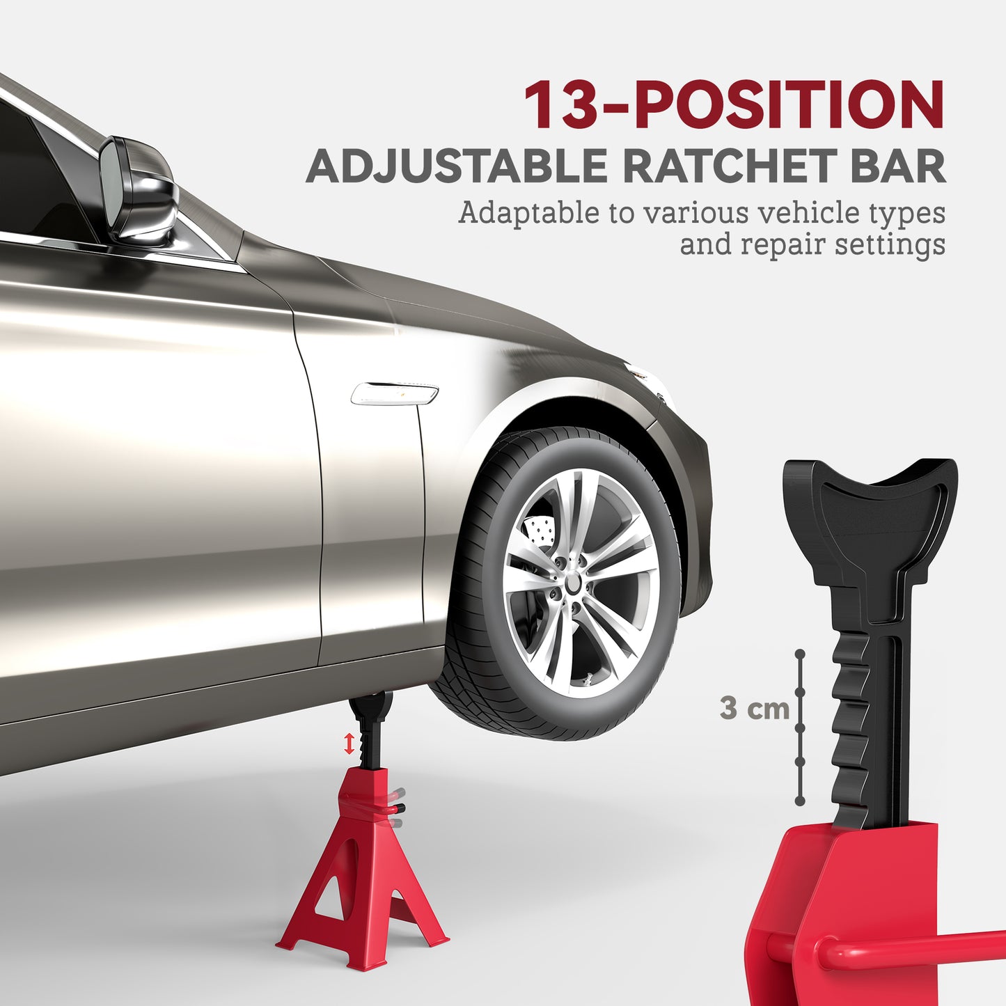 HOMCOM Axle Stands 6 Ton Car Jack Stands Pack of 2, 38.5-60 cm Height Adjustable Support Jack Stand, Heavy Duty Car Lift Tool for Vehicles, Caravans, Workshops, Garages, Red