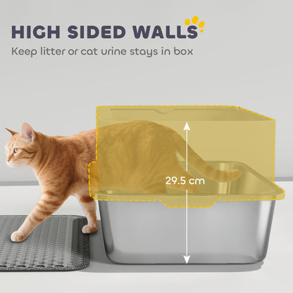 PawHut High Sided Stainless Steel Litter Box, Metal Cat Litter Tray with Metal Scoop, Litter Mat, Never Absorbs Odors, Grey