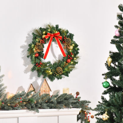 HOMCOM 60cm Pre-Lit Artificial Christmas Door Wreath Holly LED Decor Pine Cones Hanging Glittered Festival Indoor Decoration