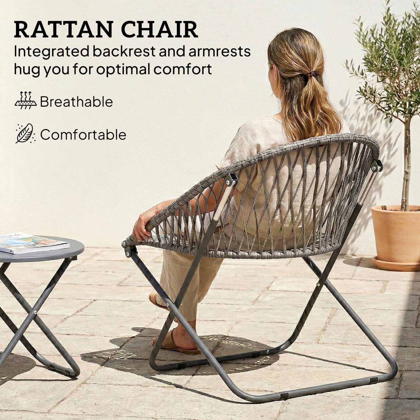 Outsunny Patio Bistro Set, Folding Patio Furniture Set with 2 Chairs and Table, Grey