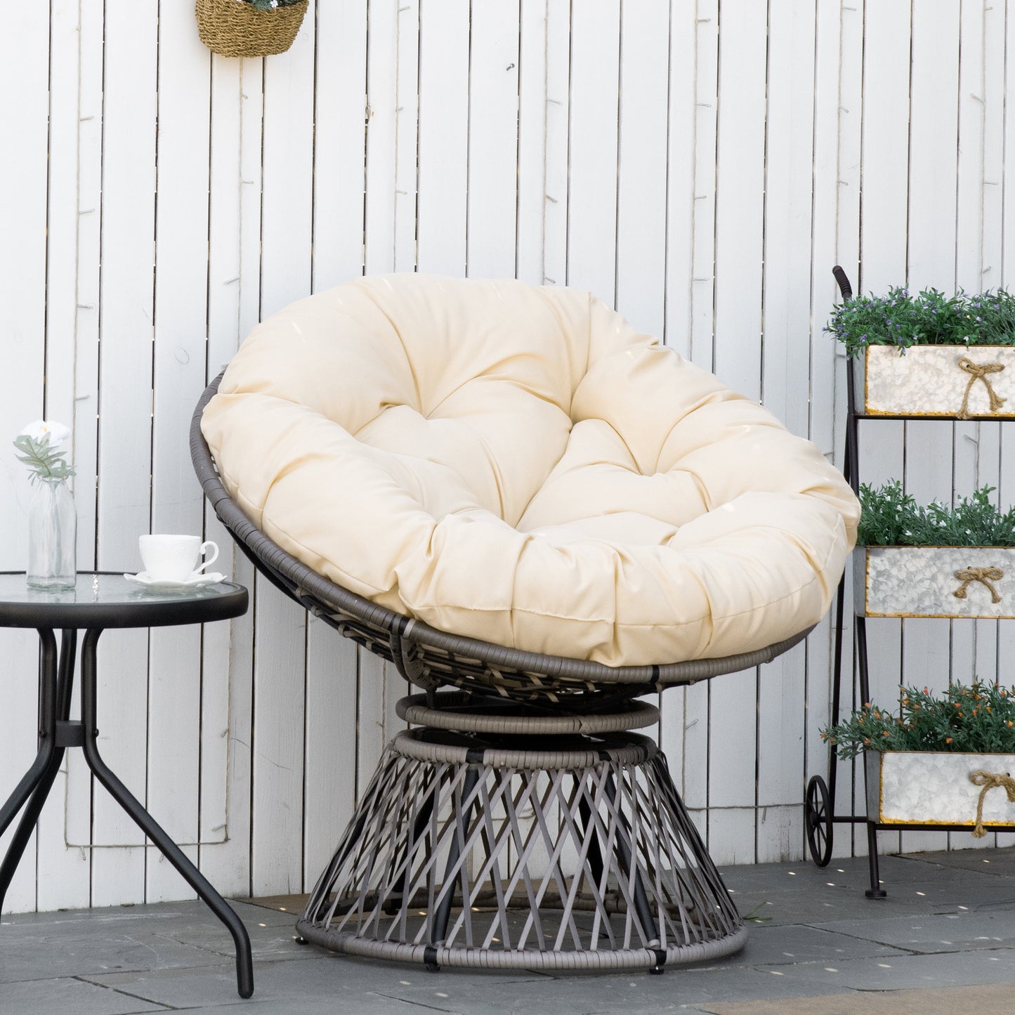 Outsunny 360° Swivel Rattan Moon Bowl Chair Round Lounge Garden Wicker Basket Seat with Padded Cushion Oversized for Outdoor Indoor, Beige