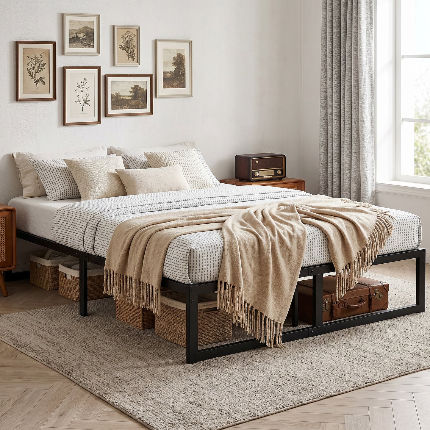HOMCOM 4ft6 Double Bed Frame with Underbed Storage and Steel Slat Support, 32.5 cm Height, Noise-Free, Black