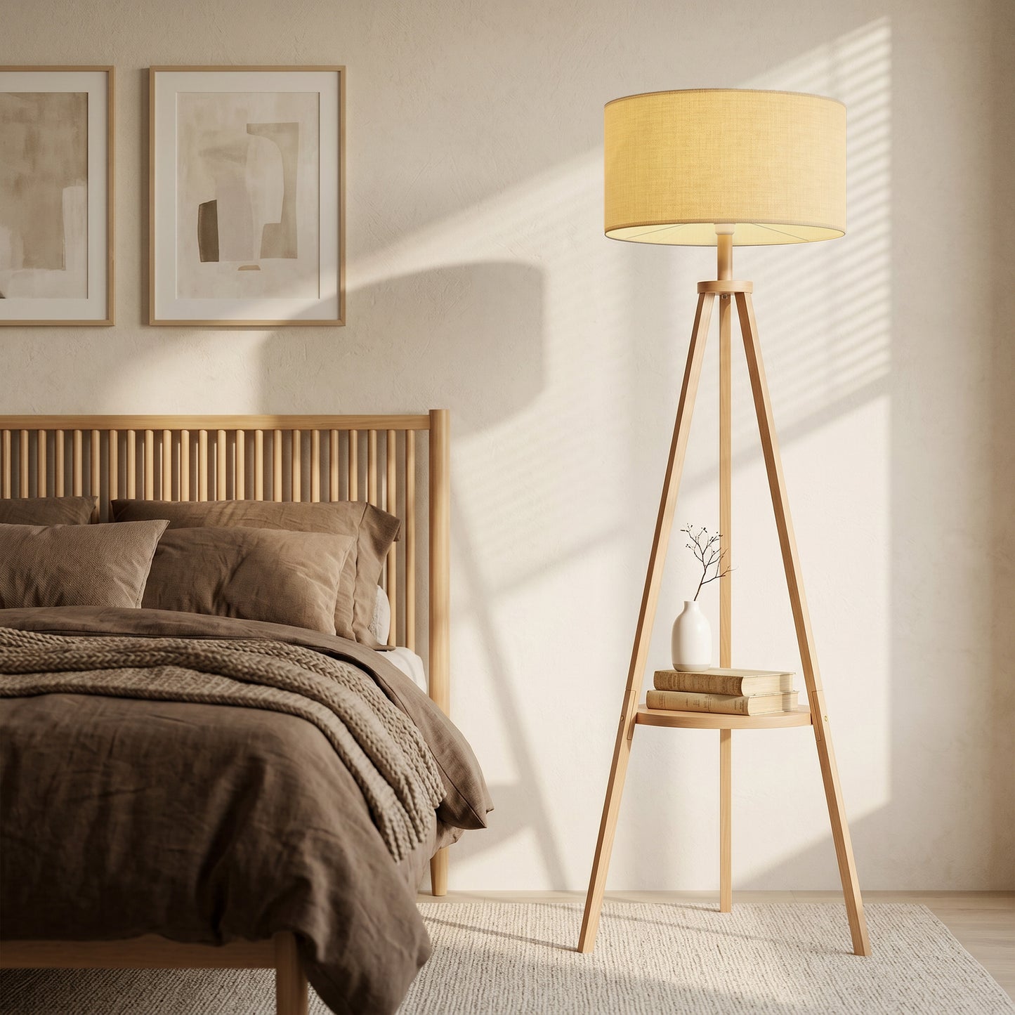 HOMCOM Bedside Light, Tripod Floor Lamp with Storage Shelf and Linen Shade for Living Room, 160cm, Natural Wood Colour