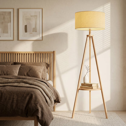 HOMCOM Bedside Light, Tripod Floor Lamp with Storage Shelf and Linen Shade for Living Room, 160cm, Natural Wood Colour