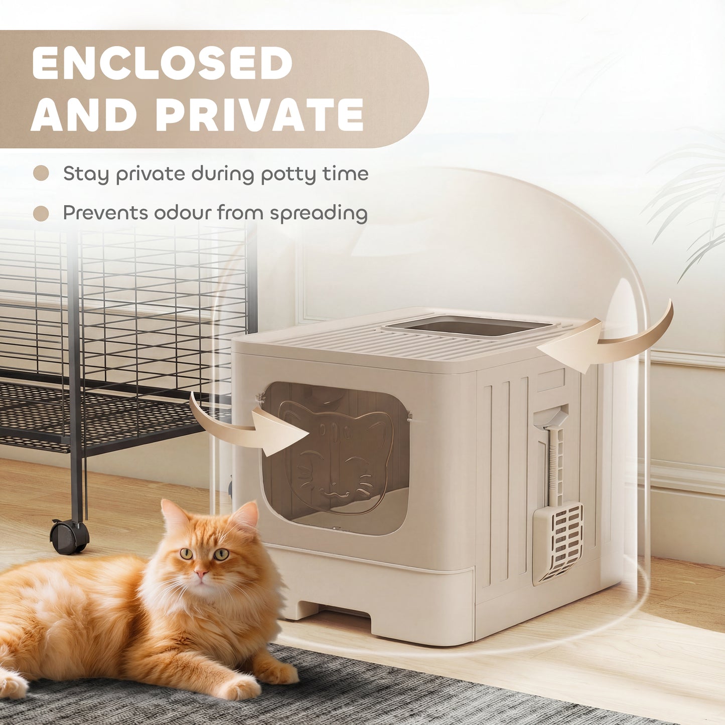 PawHut Cat Litter Box with Lid, Slide-Out Drawer, Scoop, Easy Clean, Odour Control, Anti-Splashing, Khaki