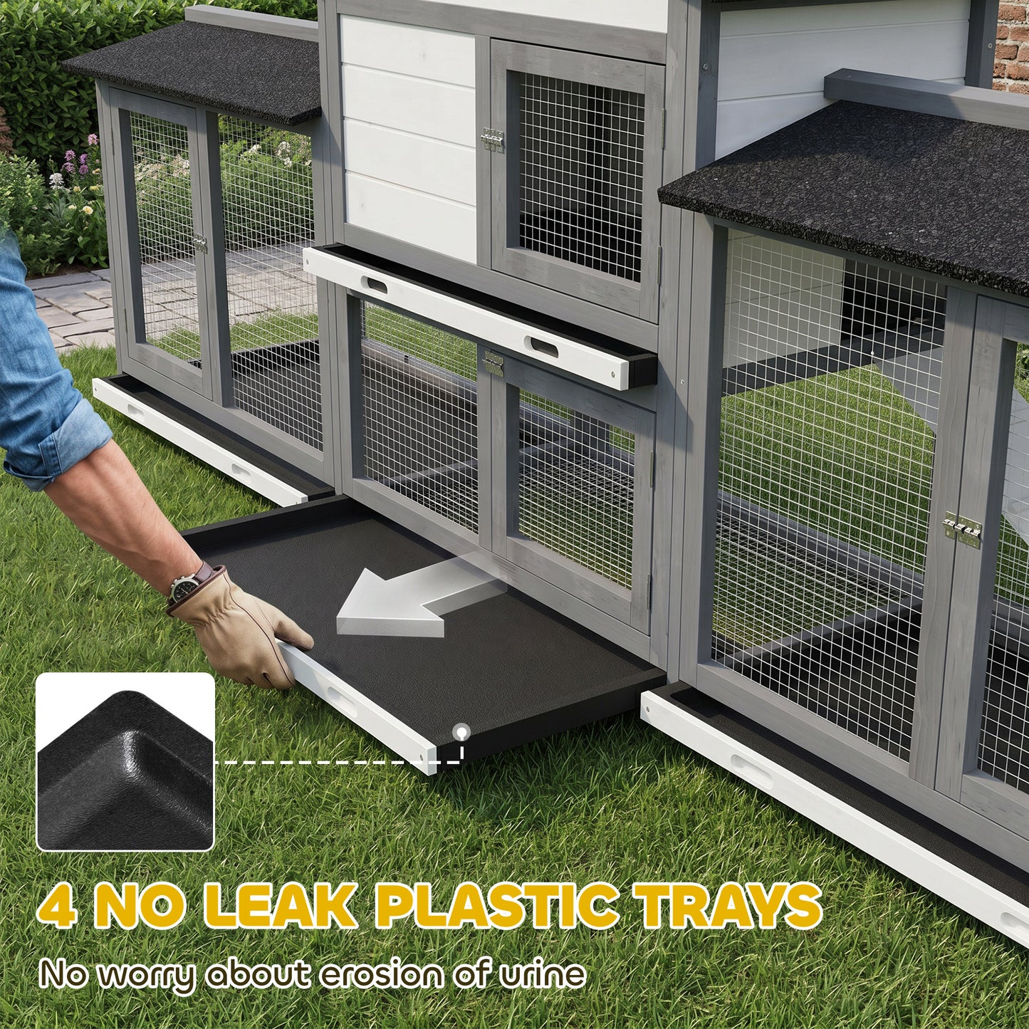 PawHut 2-Tier Large Rabbit Hutch Outdoor with Double Side Run Boxes, No-leak Plastic Tray, Ramp, 230 x 53 x 93.5cm, Light Grey