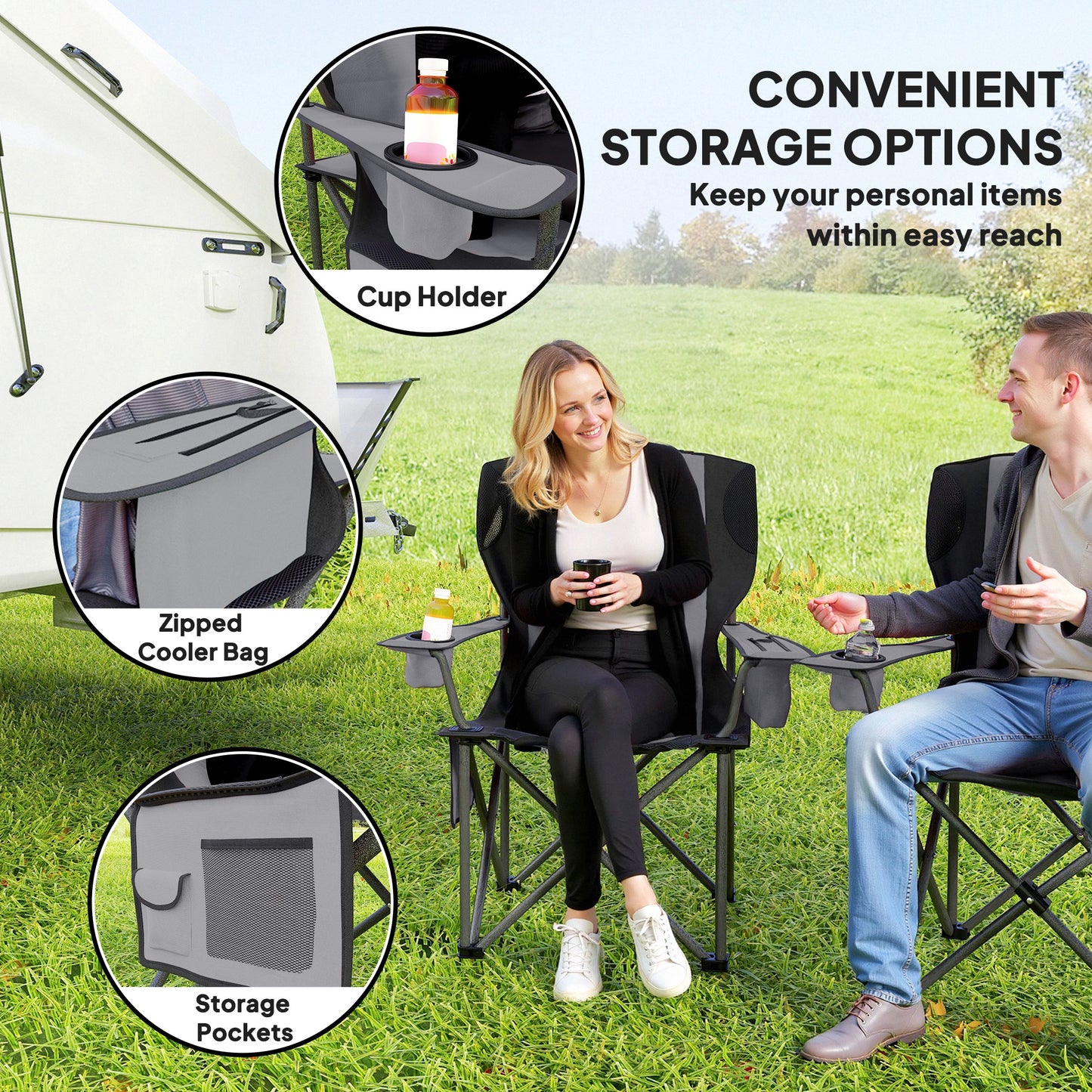 Outsunny Set of 2 Folding Camping Chairs, Padded Camping Chairs with Adjustable Armrests, Portable & Lightweight Folding Camp Chair with Cooler Bag, Cup Holder and Side Pockets, Grey
