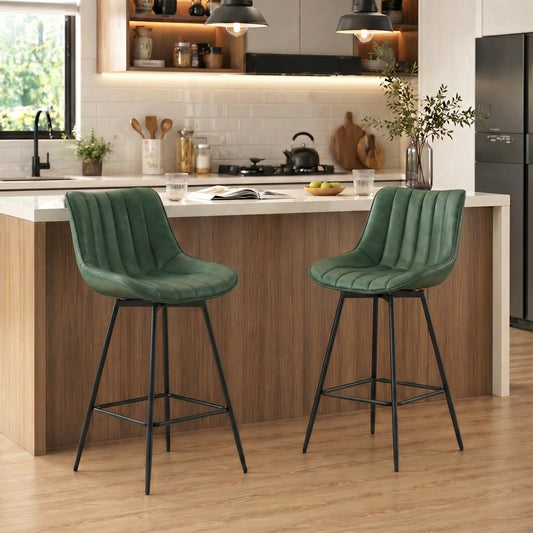 HOMCOM Set of 2 PU Leather Swivel Bar Stools - Dark Green