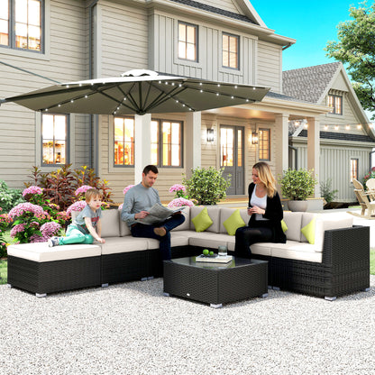 Outsunny 8 Piece Rattan Corner Sofa Set with Wide & Deep Seat, Assembled Aluminium PE Rattan Garden Furniture Set with Thick Cushions and Glass Top Table for Outdoor, Conservatory, Black