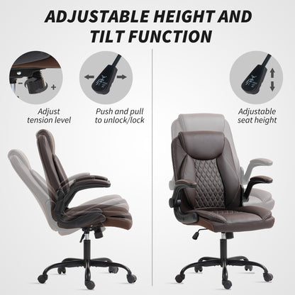 HOMCOM Faux Leather Office Chair. with Flip-Up Armrests - Brown