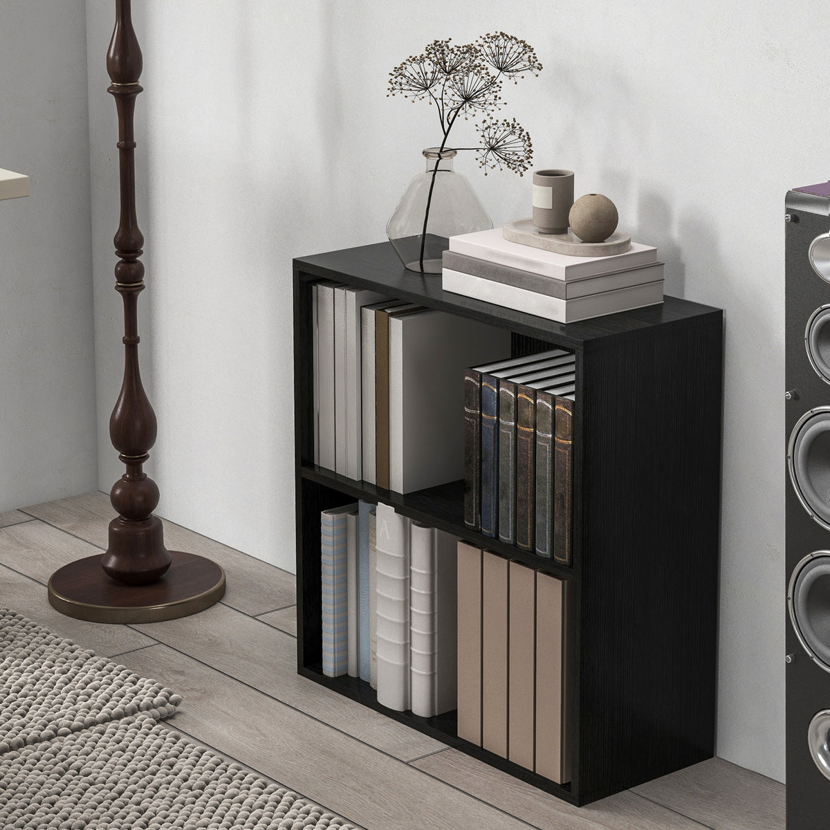 HOMCOM 2 Tier Bookshelf, Low Bookcase with Adjustable Shelf, 2 Compartments for Home Office, Living Room, Study, Black-Rack Bookcases & Shelves-ChewyGames-ChewyGames