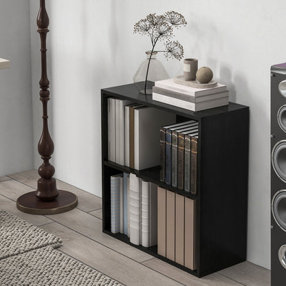HOMCOM 2 Tier Bookshelf, Low Bookcase with Adjustable Shelf, 2 Compartments for Home Office, Living Room, Study, Black-Rack Bookcases & Shelves-ChewyGames-ChewyGames