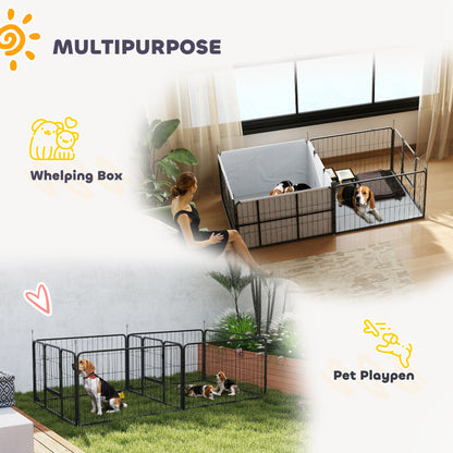 PawHut Seven-Panel Dog Whelping Box, Dog Playpen with Washable Whelping Pads, Wind-Resistant Fabric, for Small and Medium Dogs