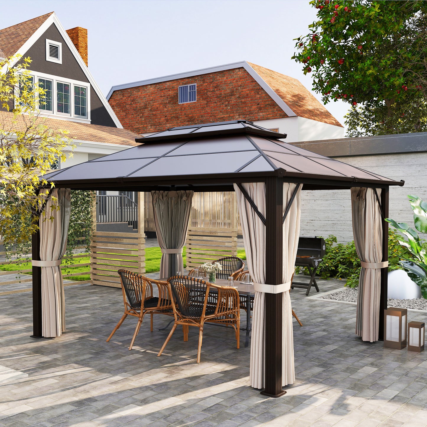 Outsunny 3 x 4m Hardtop Gazebo Canopy with UPF30+ Double Polycarbonate Roof, Aluminium Frame Garden Gazebo Permanent Pavilion with Mosquito Netting and Curtains for Patio, Deck, Beige