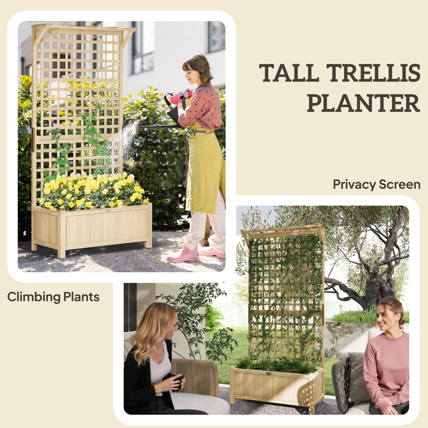 Outsunny Raised Bed with Drainage Holes, Wood Planter with Trellis for Climbing Plants to Grow Vegetables, Flowers, Natural