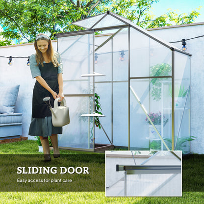 Outsunny 6 x 2.5ft Polycarbonate Greenhouse Walk-In Green House with Rain Gutter, Sliding Door, Window, Foundation, Dark Grey