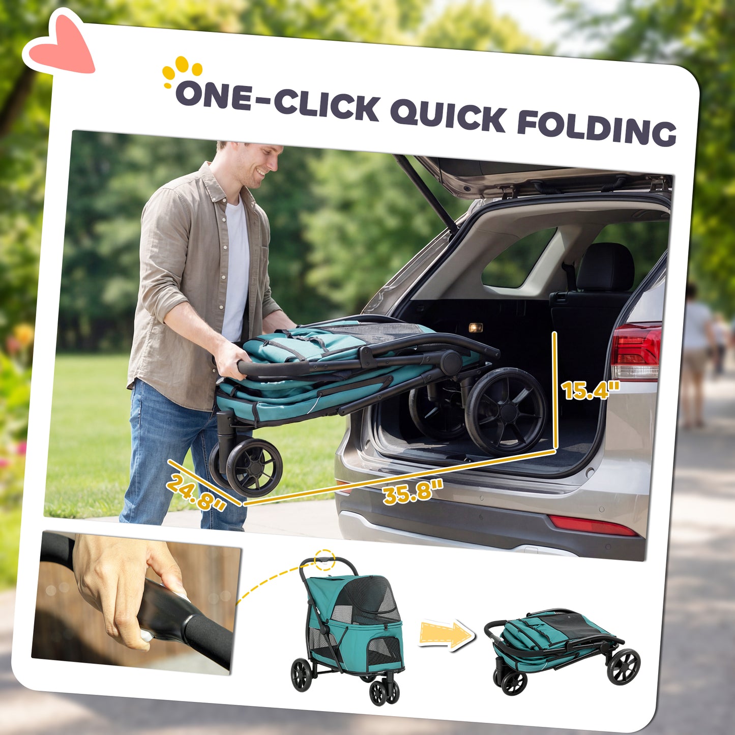 PawHut Dog Stroller, 3 Wheels Pet Stroller with Dual Entry, Easy One-Click Quick Fold, Mesh Windows, Washable Cushion
