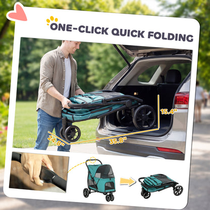 PawHut Dog Stroller, 3 Wheels Pet Stroller with Dual Entry, Easy One-Click Quick Fold, Mesh Windows, Washable Cushion