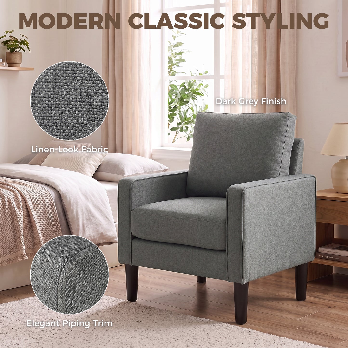 HOMCOM Accent Chair, Removable Pillow Linen Armchair with Comfy Spring Cushion for Living Room, Bedroom, Study, Dark Grey