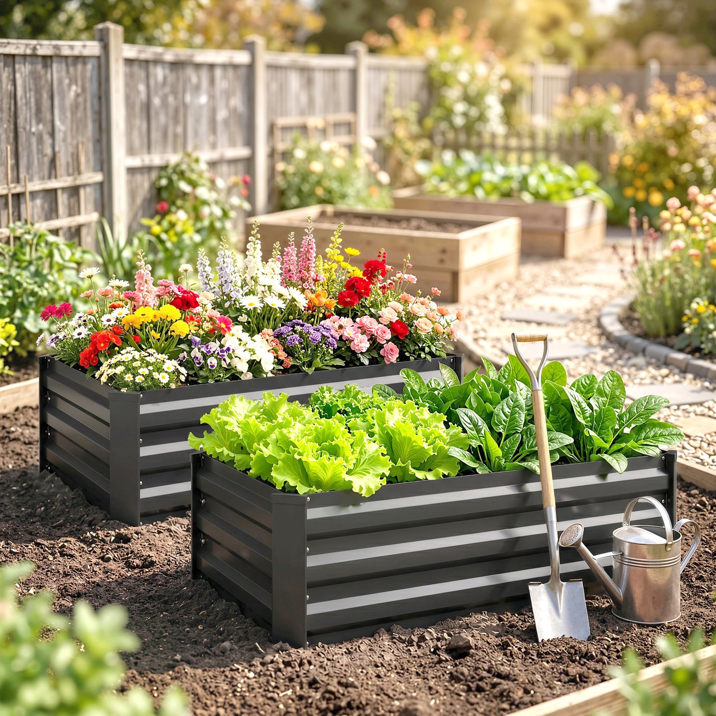 Outsunny Set of Two 100 x 60cm Steel Planter Boxes - Grey