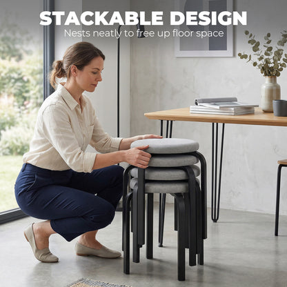 HOMCOM Stackable Stools Modern Cushioned Round Backless Stools Set of 4 Kitchen Dining Room Grey