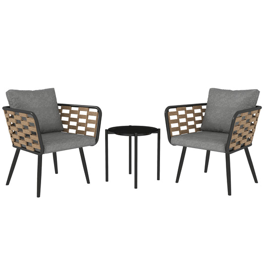 Outsunny 3 Pieces Rattan Bistro Set with Washable Seat and Back Cushions, Glass Top Coffee Table, for Outdoor, Patio, Black-Outdoor Furniture Sets-ChewyGames-ChewyGames