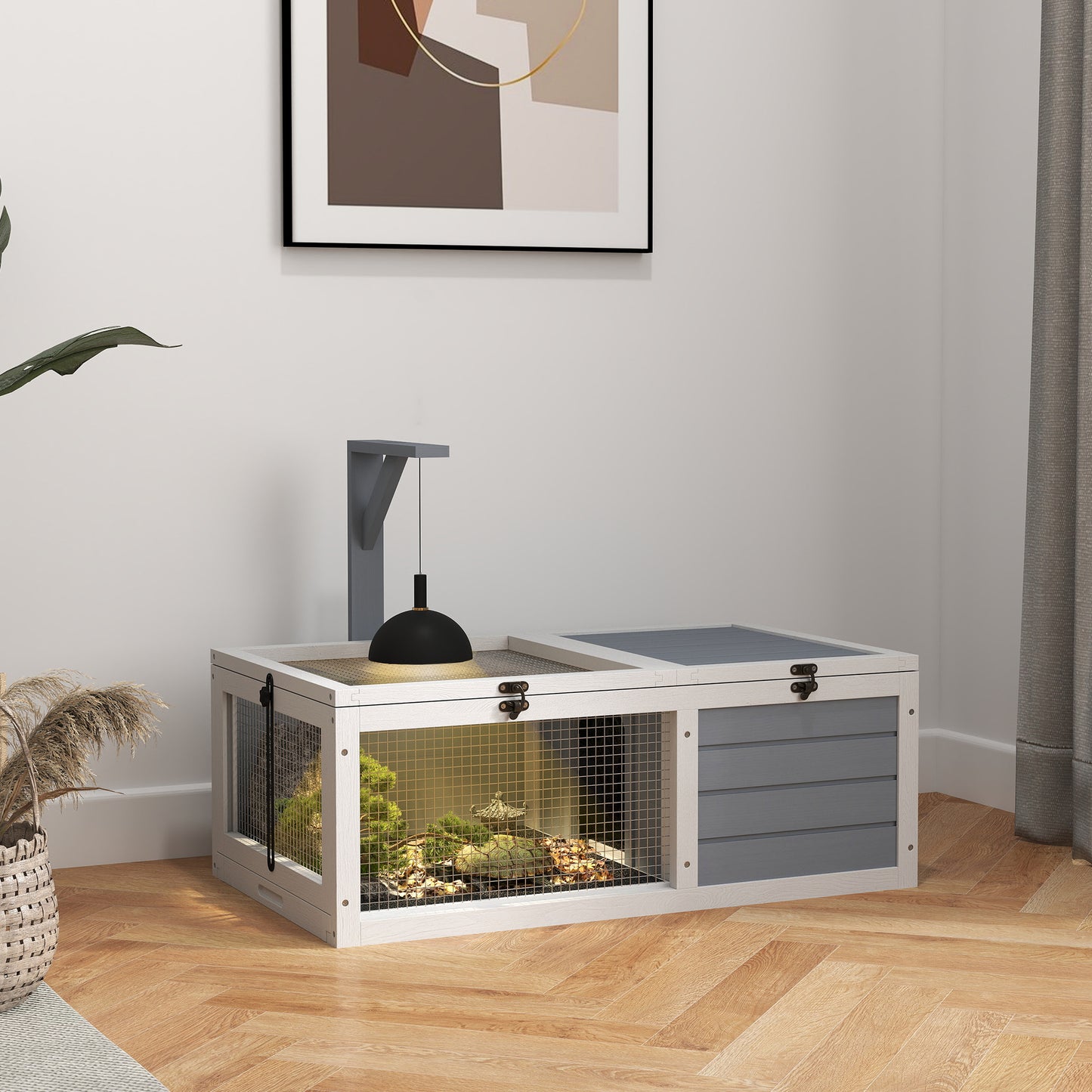 PawHut Wooden Tortoise Enclosure, Tortoise House w/ Lamp Holder, for Outdoor, Indoor, Light Grey
