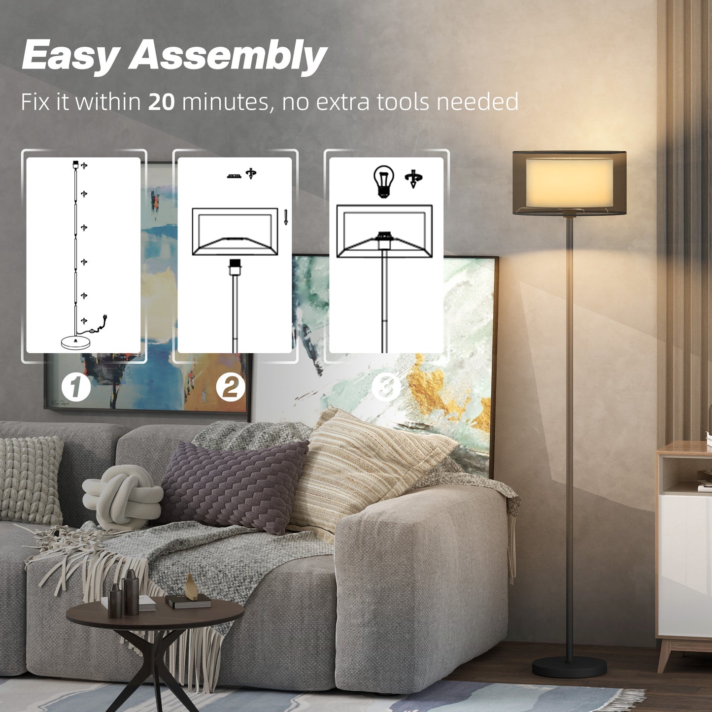 HOMCOM Floor Lamp for Living Room, Modern Standing Lamp with Double Layer Shade & Foot Switch, Minimalist Tall Pole Lampshade for Bedroom, Office, Black