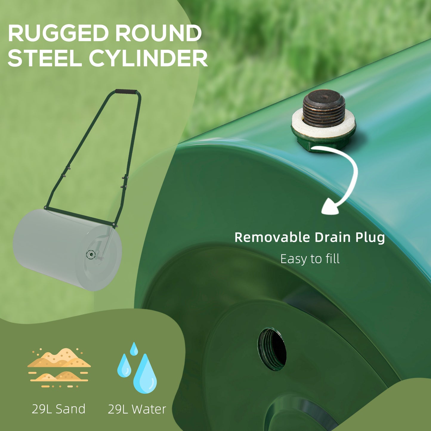 Outsunny 63 L Garden Lawn Roller with Water/Sand Filled Drum, Heavy Duty Steel Lawn Push Rolling Tool for Grass Seeding, Soil Levelling, Dark Green