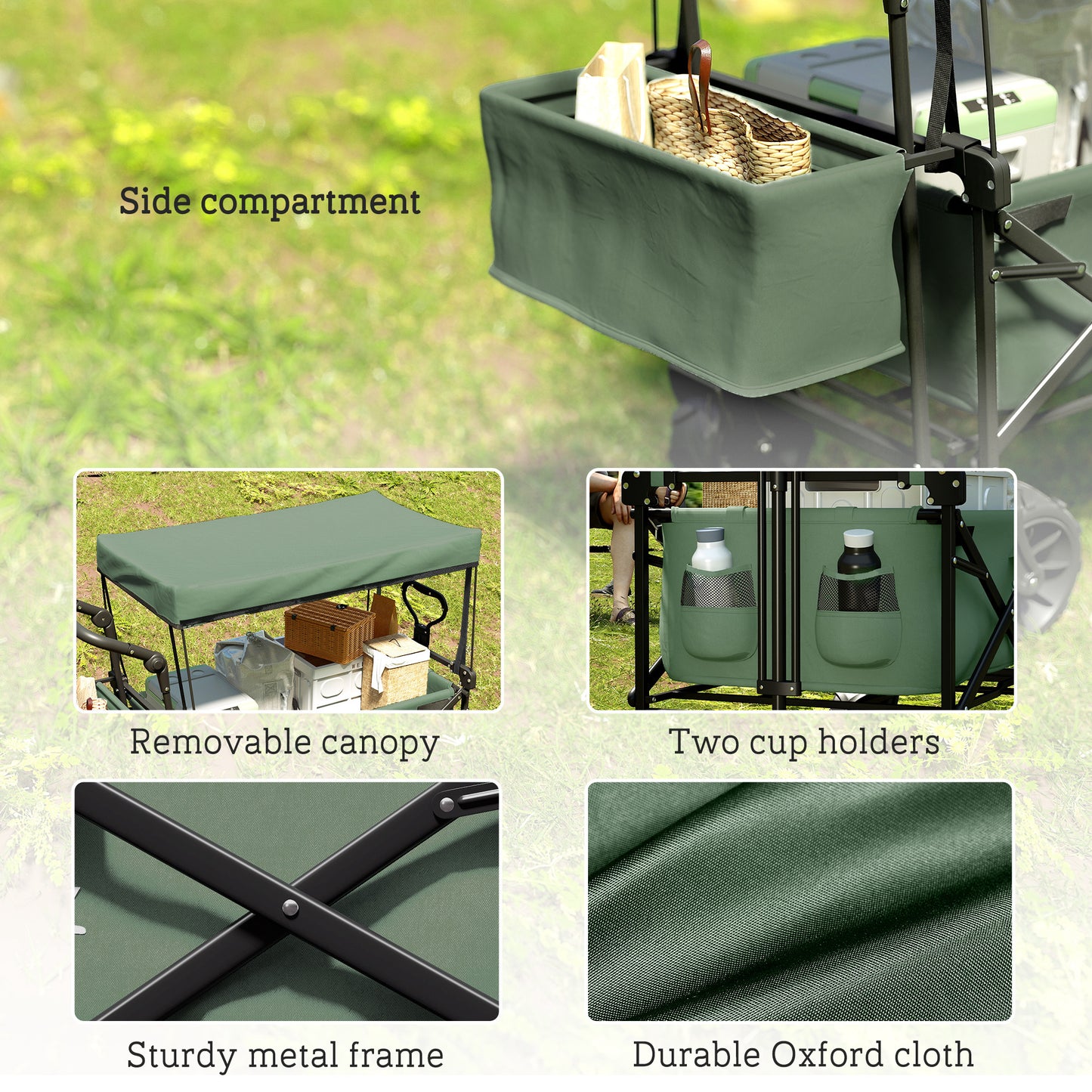 Outsunny Folding Trolley Cart Storage Wagon Beach Trailer 4 Wheels with Handle Overhead Canopy Cart Push Pull for Camping, Green
