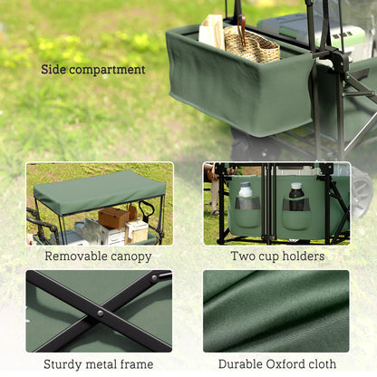 Outsunny Folding Trolley Cart Storage Wagon Beach Trailer 4 Wheels with Handle Overhead Canopy Cart Push Pull for Camping, Green