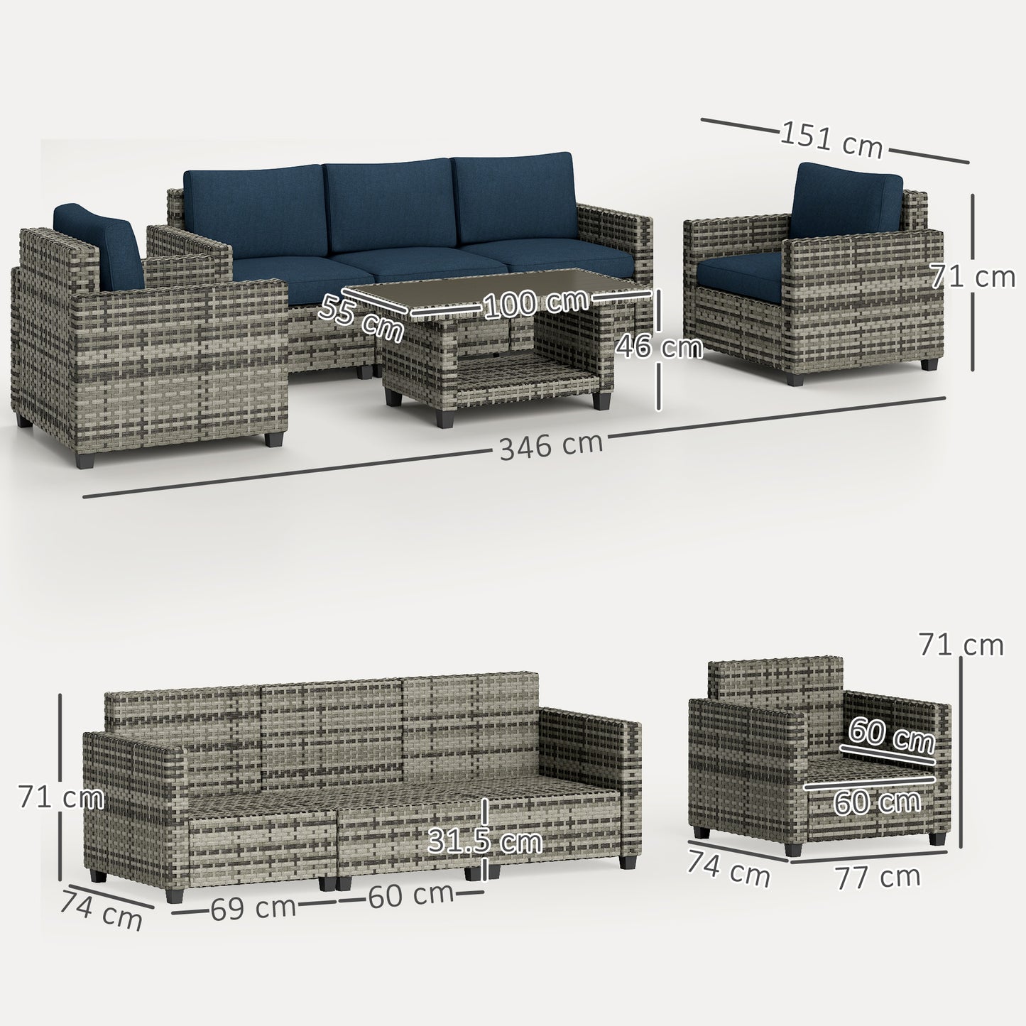 Outsunny Six-Piece Modular Rattan Sofa Set - Navy Blue
