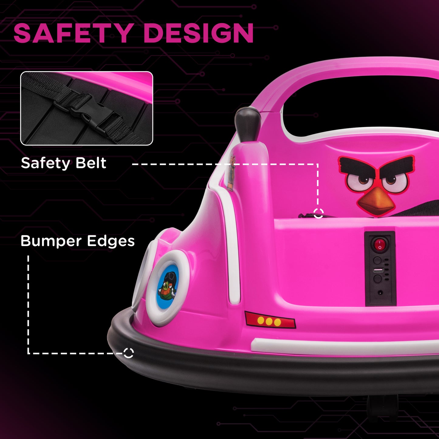 AIYAPLAY Angry Bird Licensed Waltzer Car, 12V Kids Bumper Car w/ Joysticks, Remote, Music LED Lights, Pink