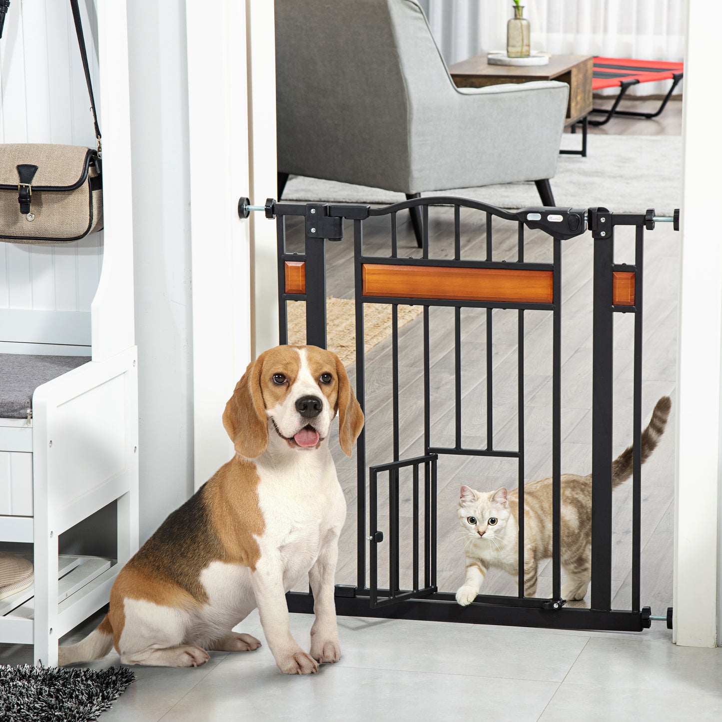PawHut Pet Gate Safety Gate, with Cat Flap, Auto Close, for Staircases, Doorways, Hallways, 74-80cm Wide - Black--ChewyGames-ChewyGames
