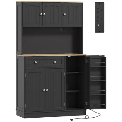 HOMCOM 173 cm Tall Kitchen Cupboard with Charging Station, Pantry Storage Cabinet with Adjustable Shelves and 4 Door Racks