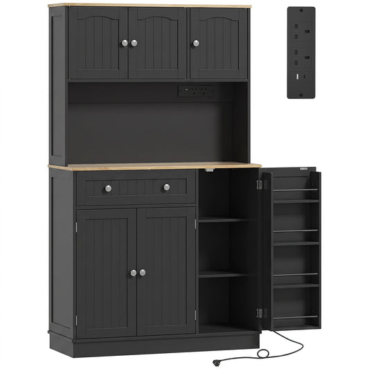 HOMCOM 173 cm Tall Kitchen Cupboard with Charging Station, Pantry Storage Cabinet with Adjustable Shelves and 4 Door Racks