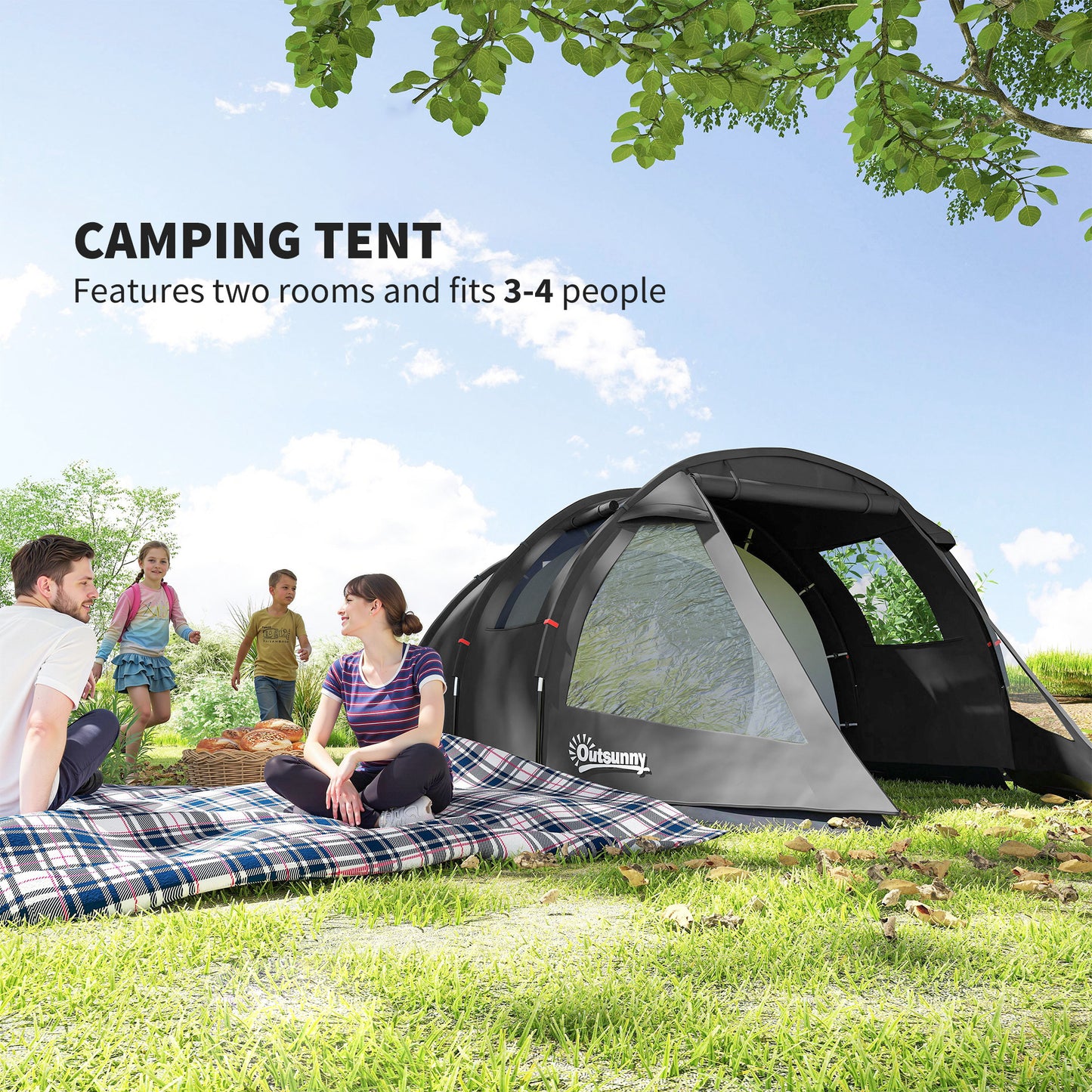 Outsunny 3-4 Man Tunnel Tent, Two Room Camping Tent with Windows, Portable Carry Bag, for Fishing, Hiking, Sports, Festival - Black