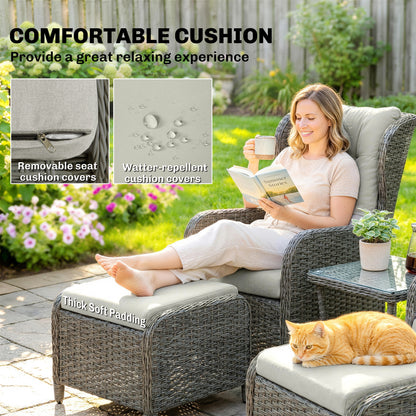 Outsunny Rattan Reclining Garden Chair Set of 2 with Footstool and Cushion for Balcony, Cream